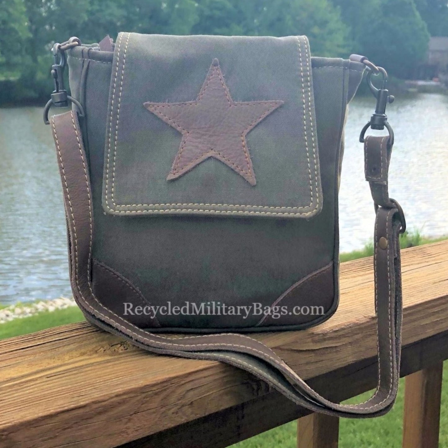 Small Green Crossbody Bag with Leather Star   ~  Great Small Travel Bag or Gift for Army Mom or Wife