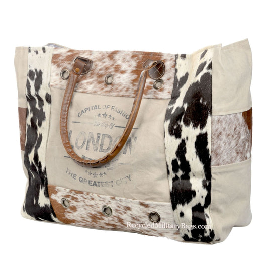 London Sustainable Canvas and Cow Hide Weekender Large Tote Bag - Style, Class and Function!