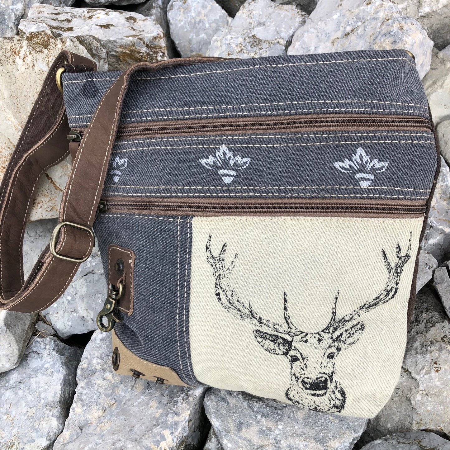 Deer or Buck Mixed Canvas Crossbody Shoulder Bag with Front Double Zip Pockets
