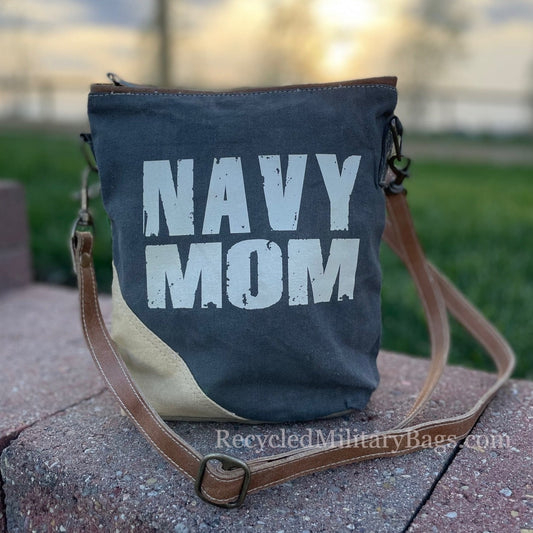 Navy Mom Crossbody Sustainable Canvas Bag Purse - Navy Proud Great Gift for Mom!