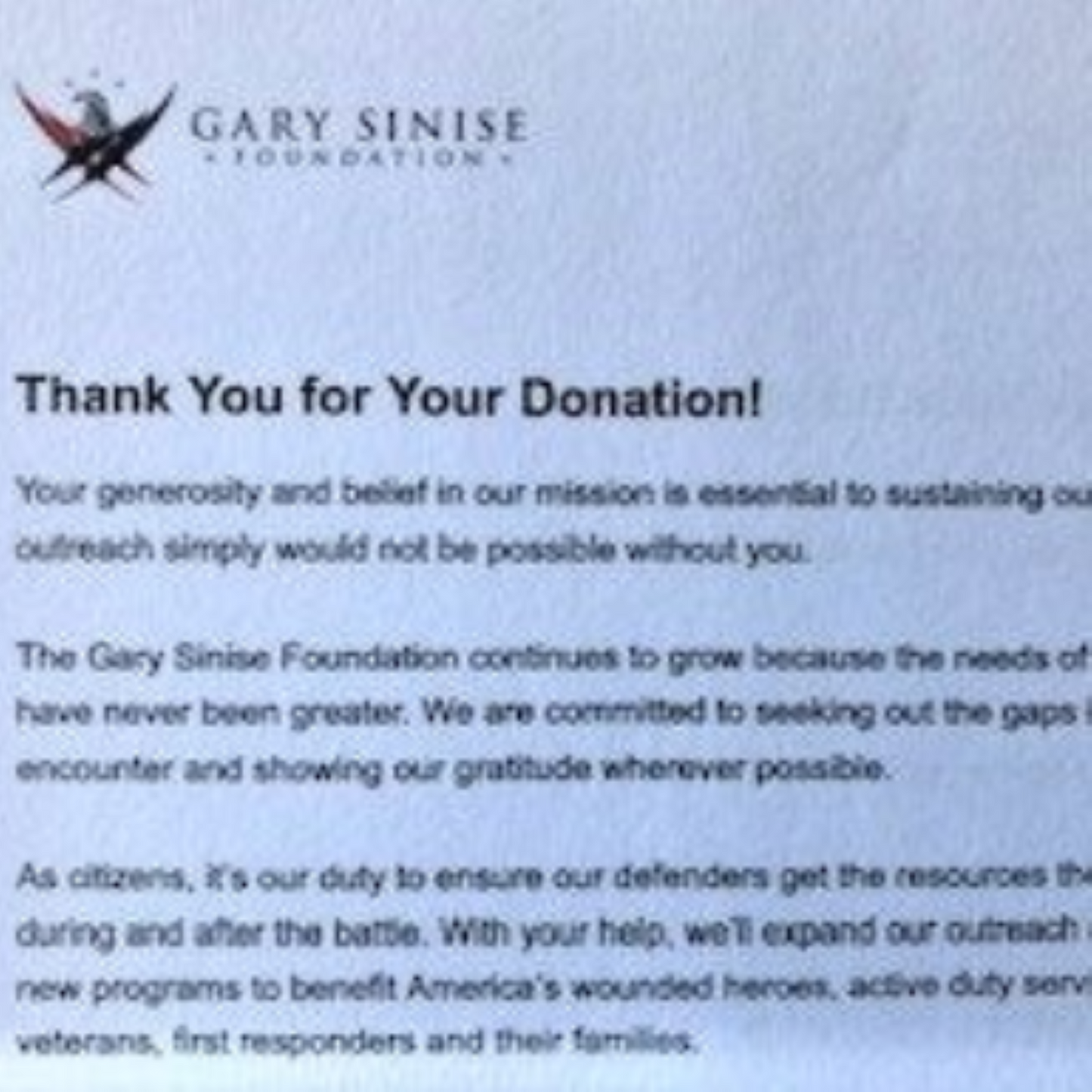 Thank You for Your Donation - from the Gary Sinise Foundation