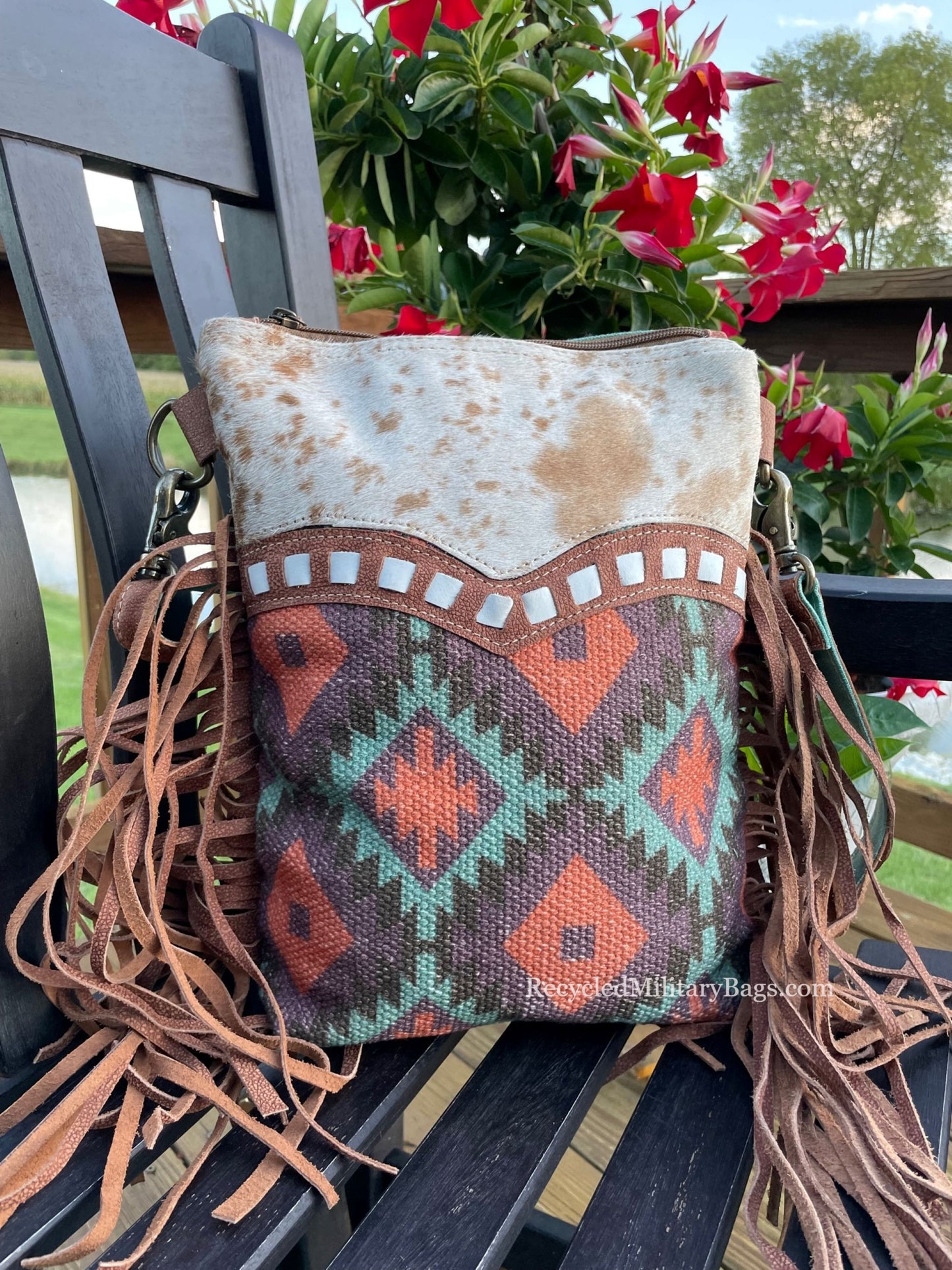 Turquoise Tapestry Crossbody with Fringe and Hide! Western Flair and It's as beautiful as it looks!