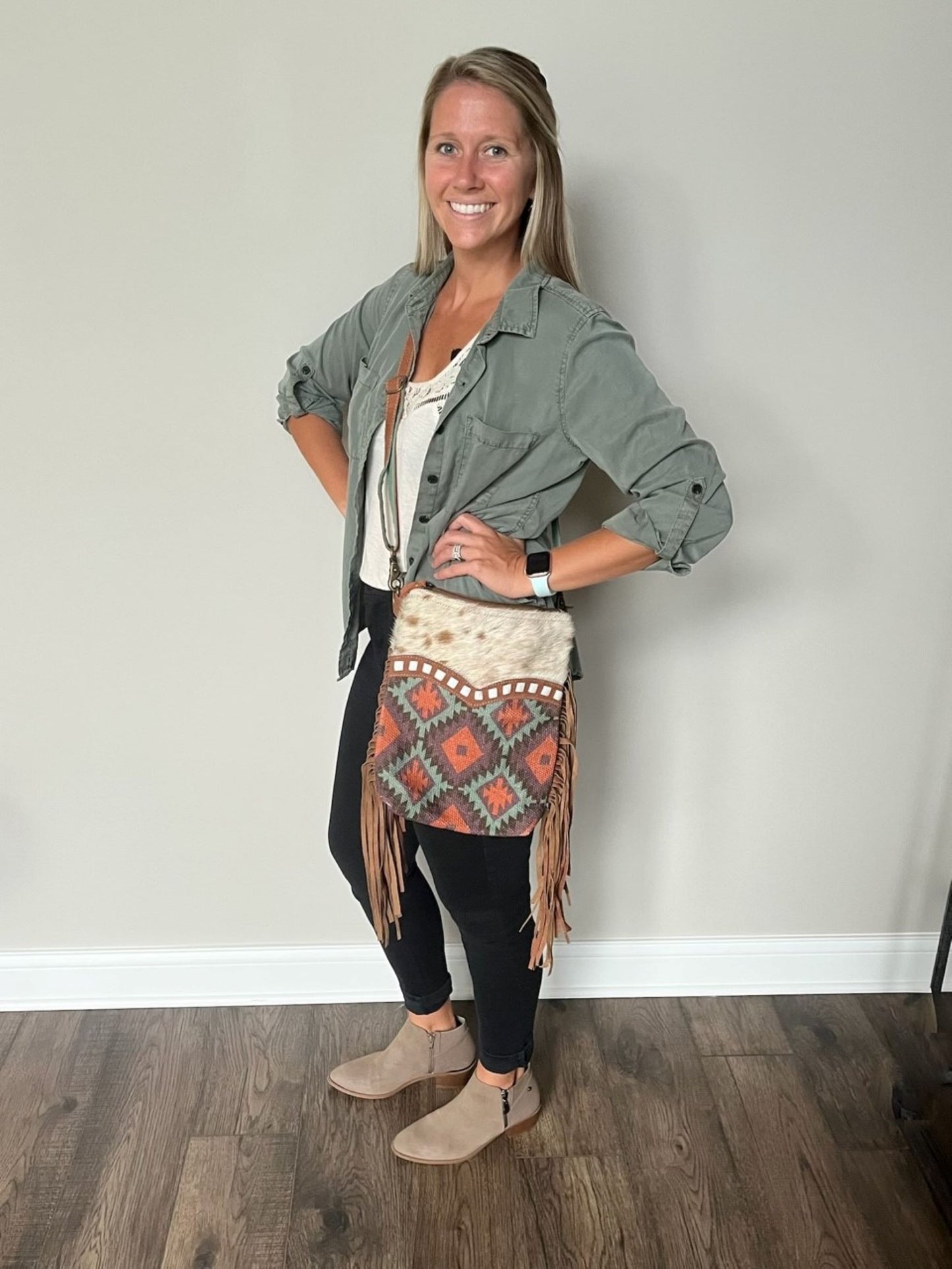 Turquoise Tapestry Crossbody with Fringe and Hide! Western Vibe with Sustainable Canvas