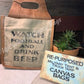 The UpCycled “Watch Football and Drink Beer” Beer Tote is crafted from recycled (repurposed) military tent and tarp canvas. Tote can be either a BEER Caddy or Soda Carrier. Side of Tote reads "WATCH FOOTBALL AND DRINK BEER". Holds 6 bottles in individual compartments and 2 cold packs and has a leather handle. Makes a great gift for him on Father’s Day, Anniversary or any other day.