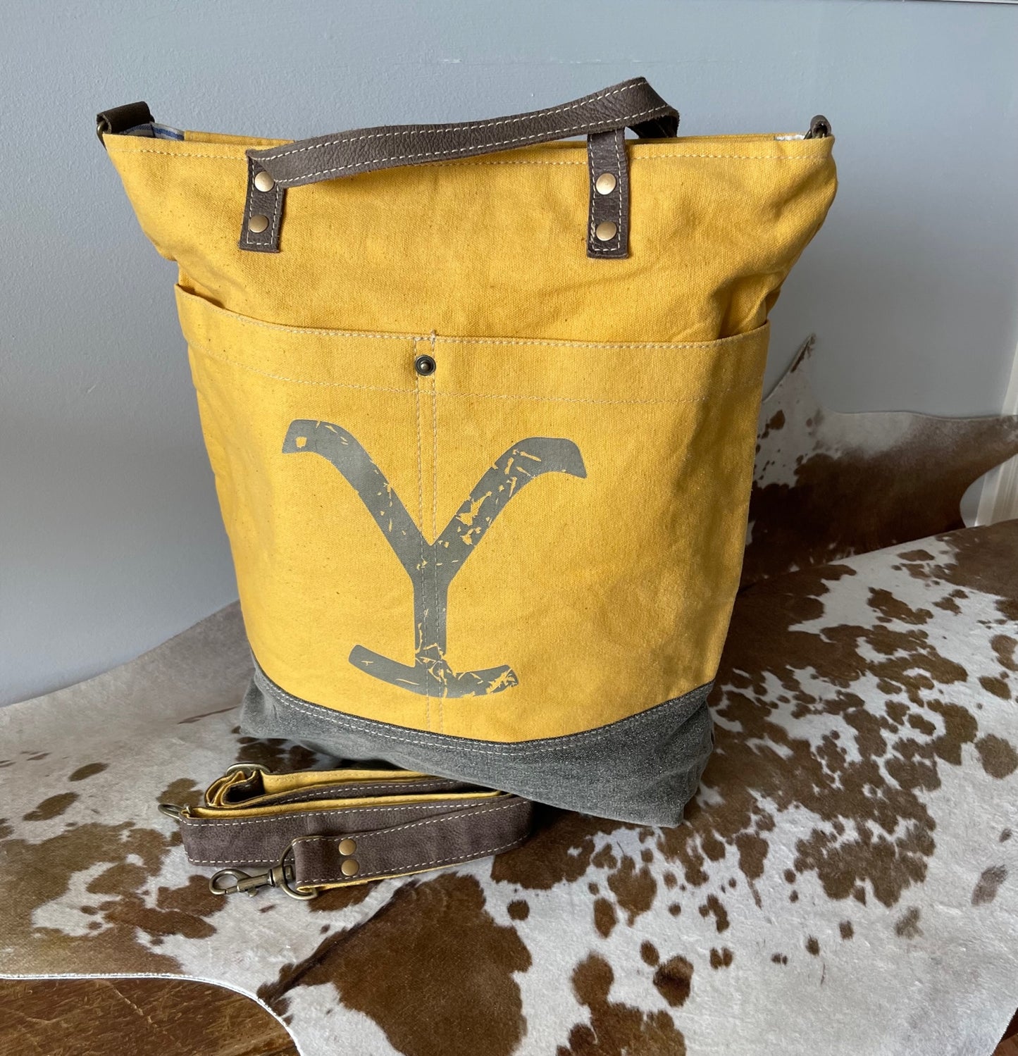 PRE-ORDER Yellowstone Yellow & Gray Canvas Tote with Crossbody Strap ~ Perfect Weekender!