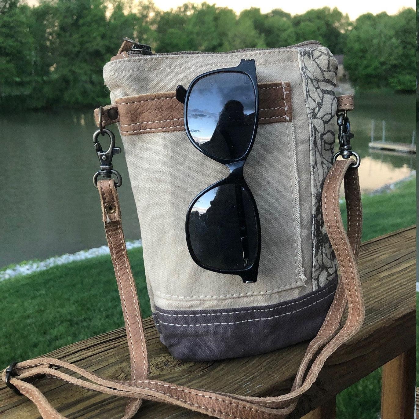 Floral Canvas Crossbody Bag – Upcycled Military Canvas – Small Passport Purse