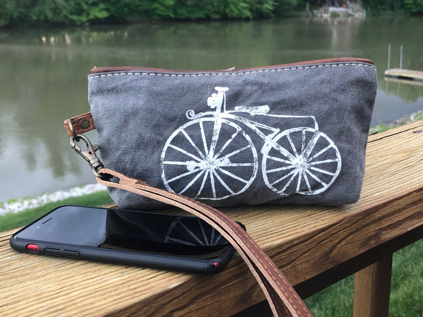 UpCycled Canvas Wristlet Vintage Bicycle Clutch or Cosmetic Bag