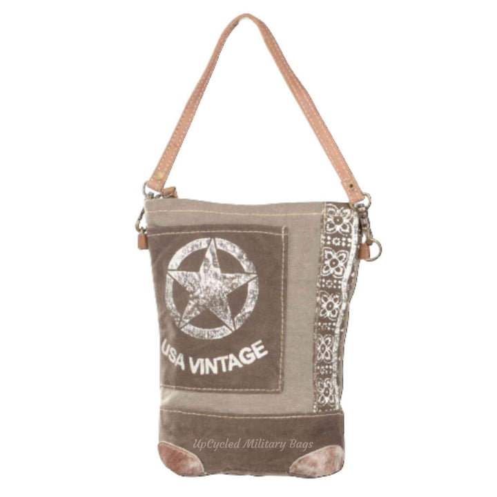 USA Stamp Upcycled Canvas & Hair-On Leather Tote Bag - Western Style, 17" X 16", Fold Over Buckle Closure - View #12