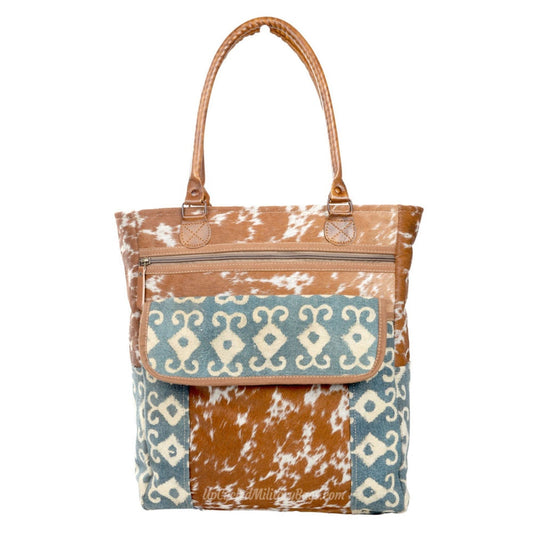 Canvas Tapestry and Hide on Hair Aqua Western inspired Large Canvas Tote or Shoulder Bag