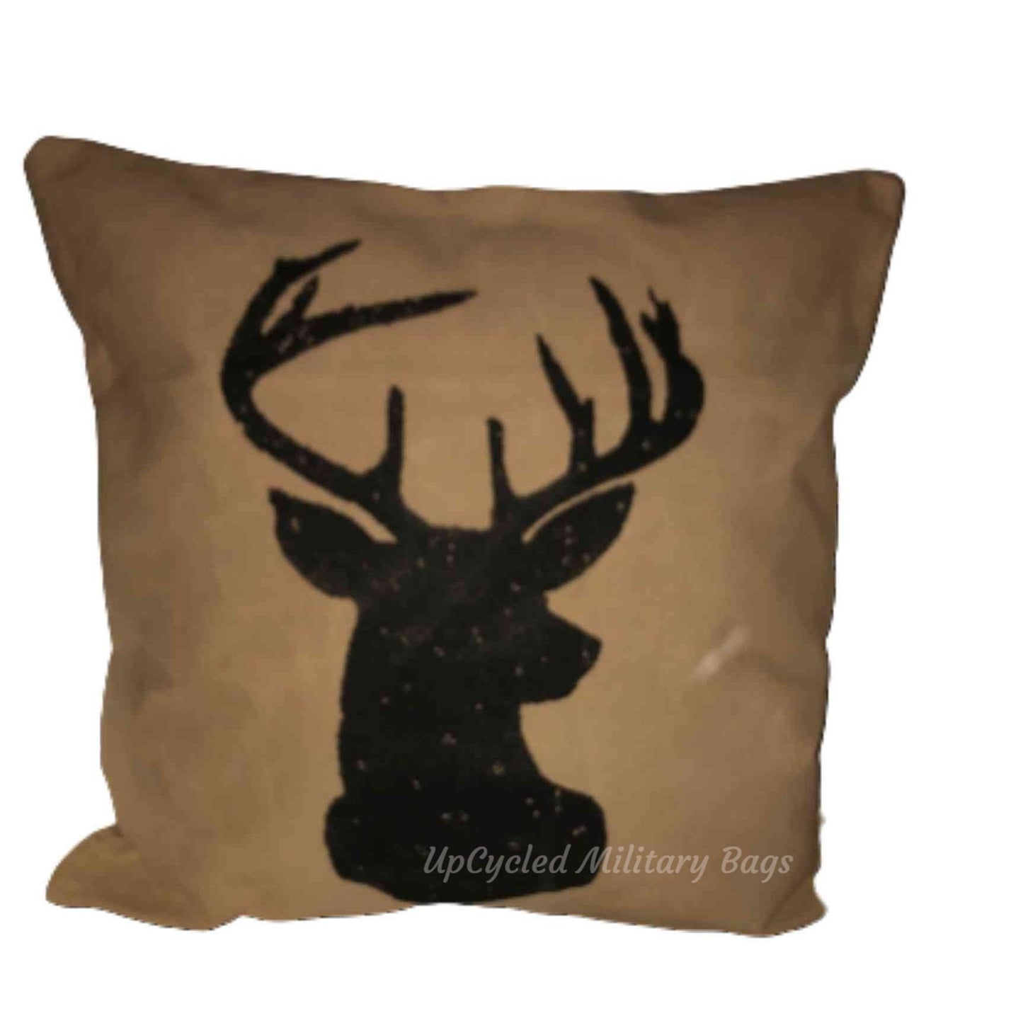 Buck Repurposed Military Canvas Deer Head Pillow Deer Silhouette Rustic Chic Farmhouse Decor Accent Antlers Throw Pillow