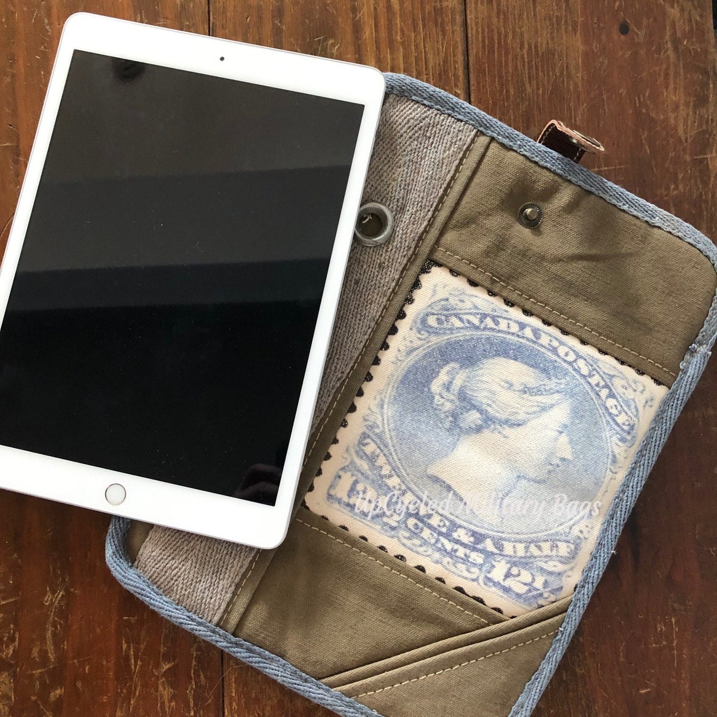 Military Canvas Tablet Ipad Holder, Tablet Cover, E-Reader Case with Vintage Canadian Stamp