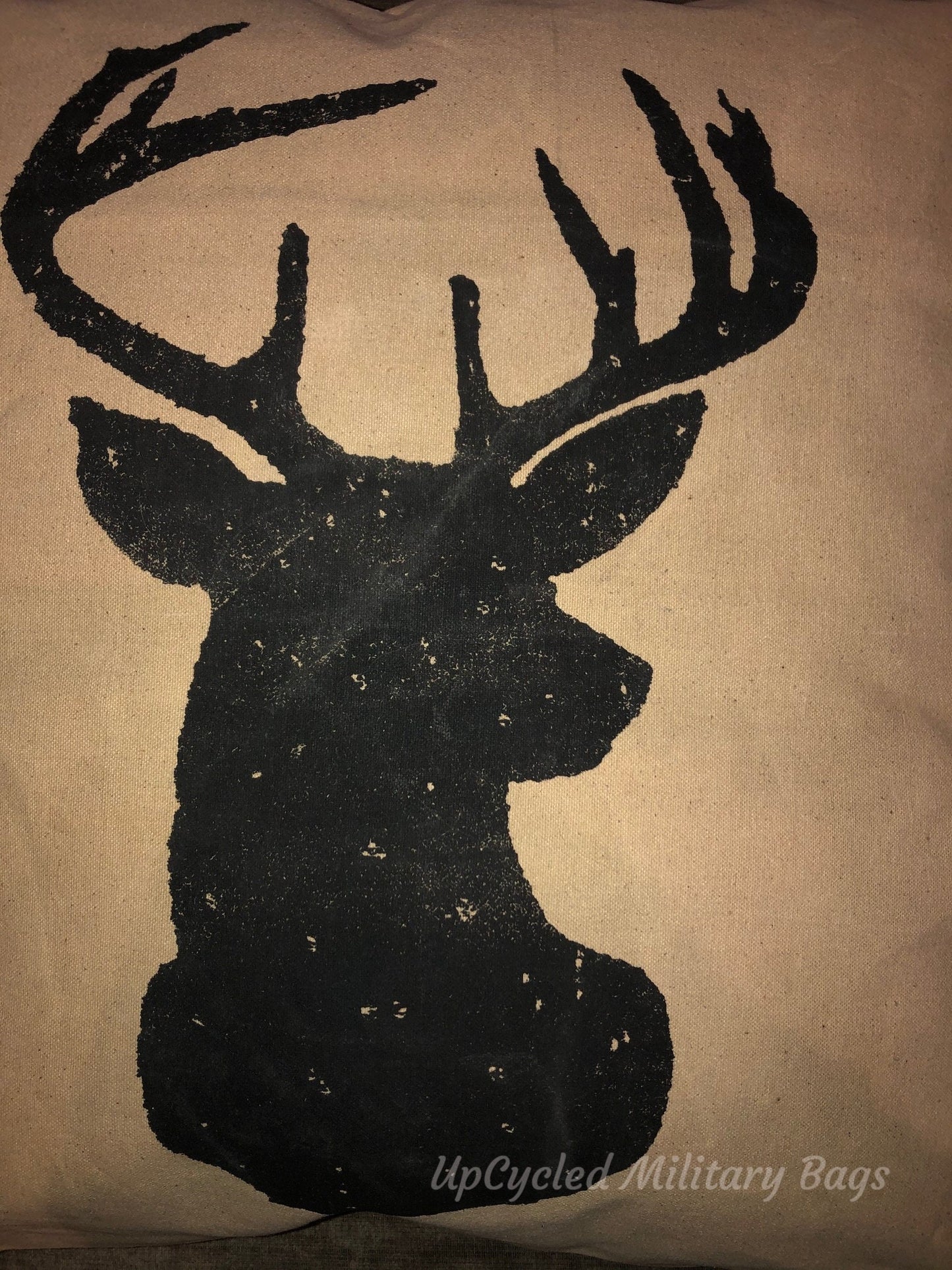 Buck Repurposed Military Canvas Deer Head Pillow Deer Silhouette Rustic Chic Farmhouse Decor Accent Antlers Throw Pillow