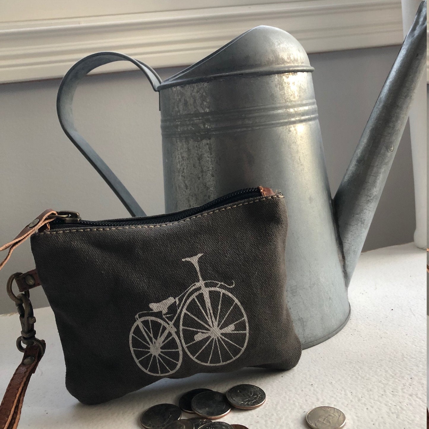 Upcycled Bicycle Sustainable Canvas Bag Coin Purse  - Small Wristlet or Make Up Bag