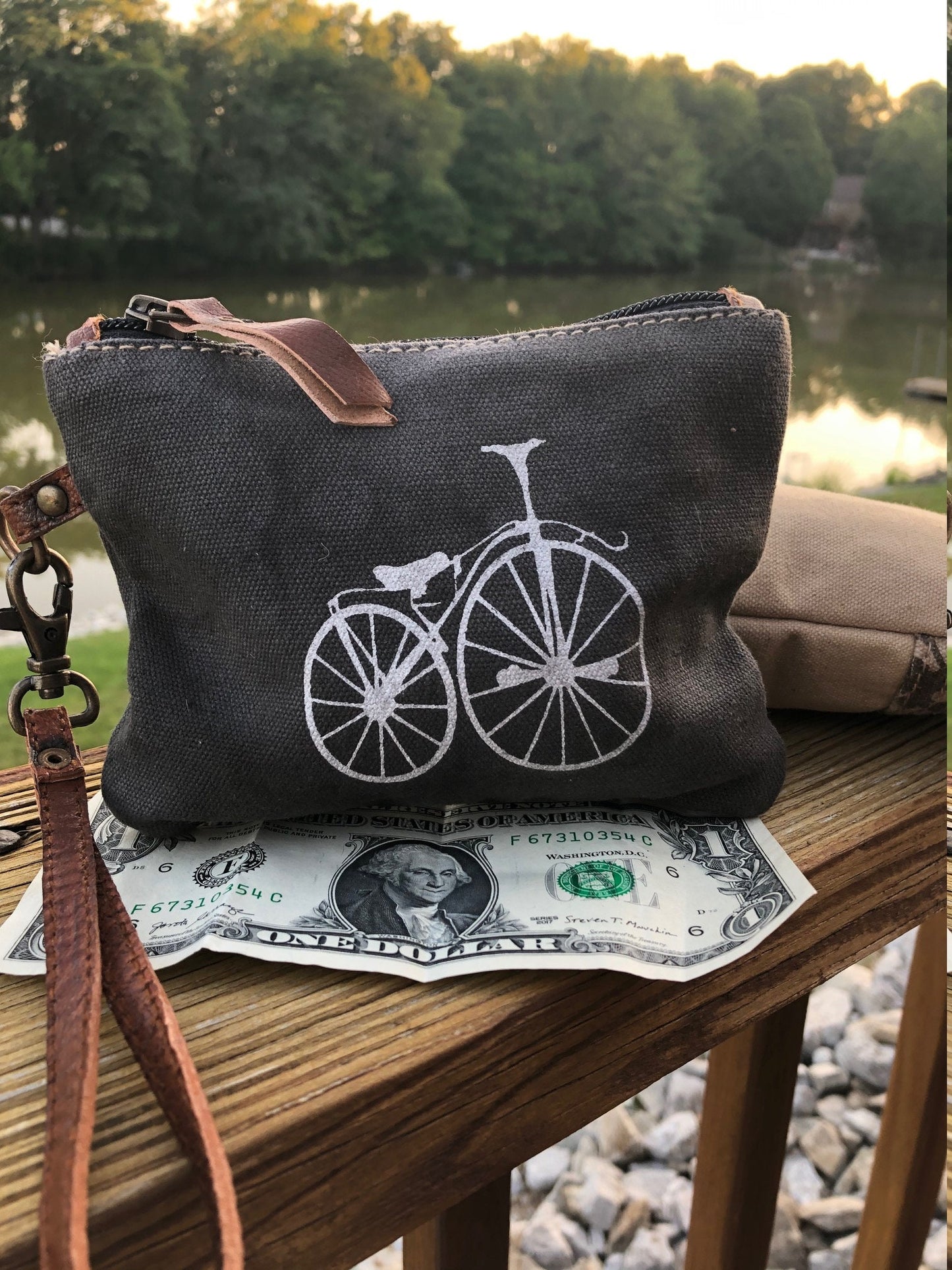 Upcycled Bicycle Sustainable Canvas Bag Coin Purse  - Small Wristlet or Make Up Bag