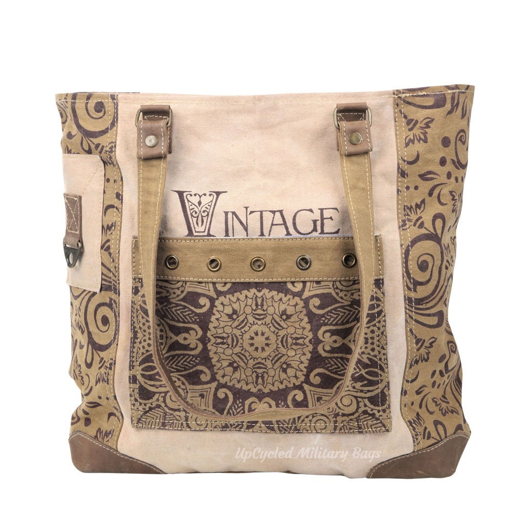 Vintage Flower Tote Bag of UpCycled Military Canvas * Repurposed Military Canvas Shoulder Bag Purse Tote * Hippie Vibe