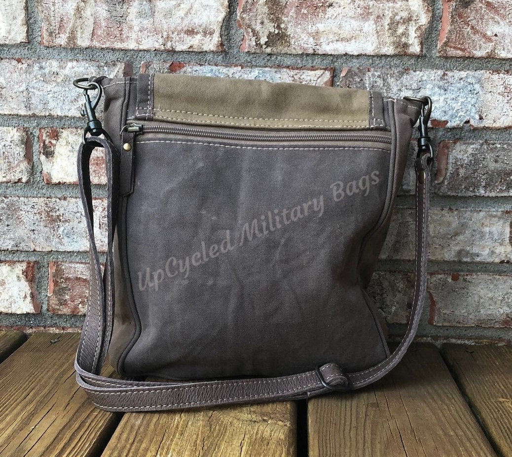 Leather and Recycled Military Tent Messenger Bag