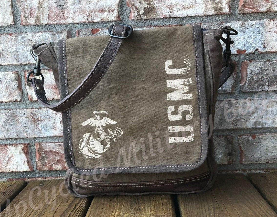 USMC MARINE Repurposed Military Canvas Crossbody Messenger UpCycled Bag of Recycled Military Tent Tarp Canvas Recycled Purse Shoulder Bag